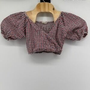 Sim‎ & Sam Small Red White Blue Gingham Puff Sleeve Smocked Crop Top